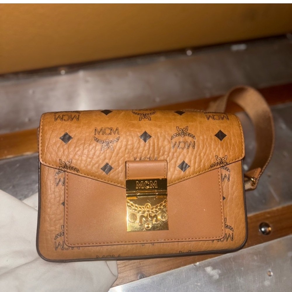 MCM Brown Leather Crossbody Bag with Gold Accents